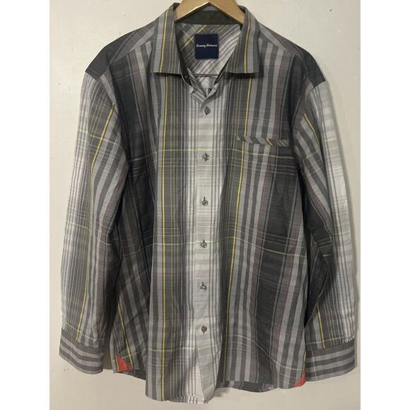 EUC Tommy Bahama XL‎ Men's Long Sleeve Button Up Gray White striped 100% Cotton - Picture 1 of 9